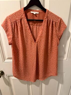 fun 2 fun Terra Cotta Dot V-Neck Short Sleeve Blouse pink